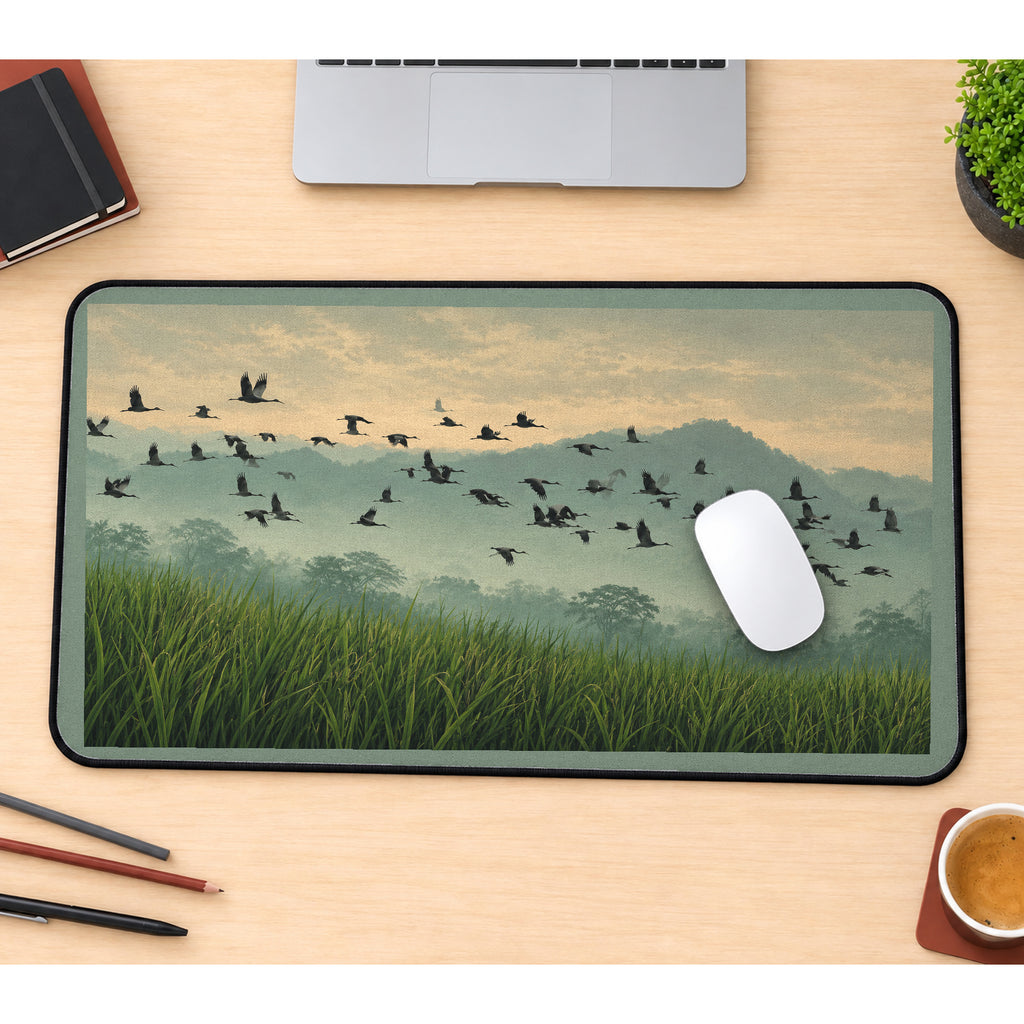 Cranes over a Misty Rice Field desk mat — product mockup 1