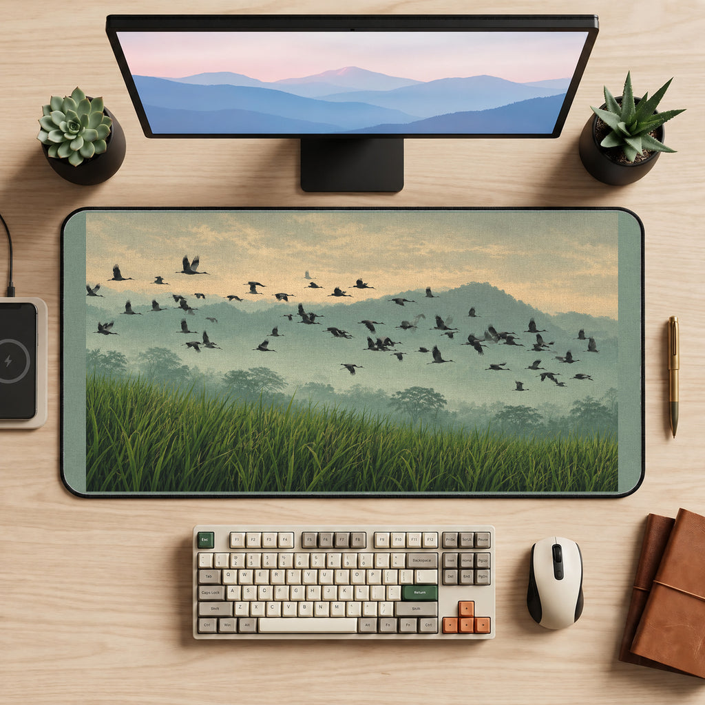 Cranes over a Misty Rice Field desk mat — product mockup 2