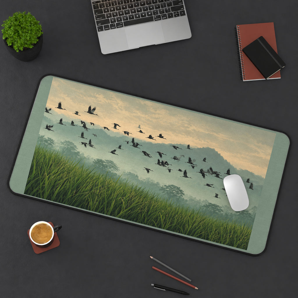 Cranes over a Misty Rice Field desk mat — product mockup 3