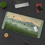 Cranes over a Misty Rice Field desk mat — product mockup 3