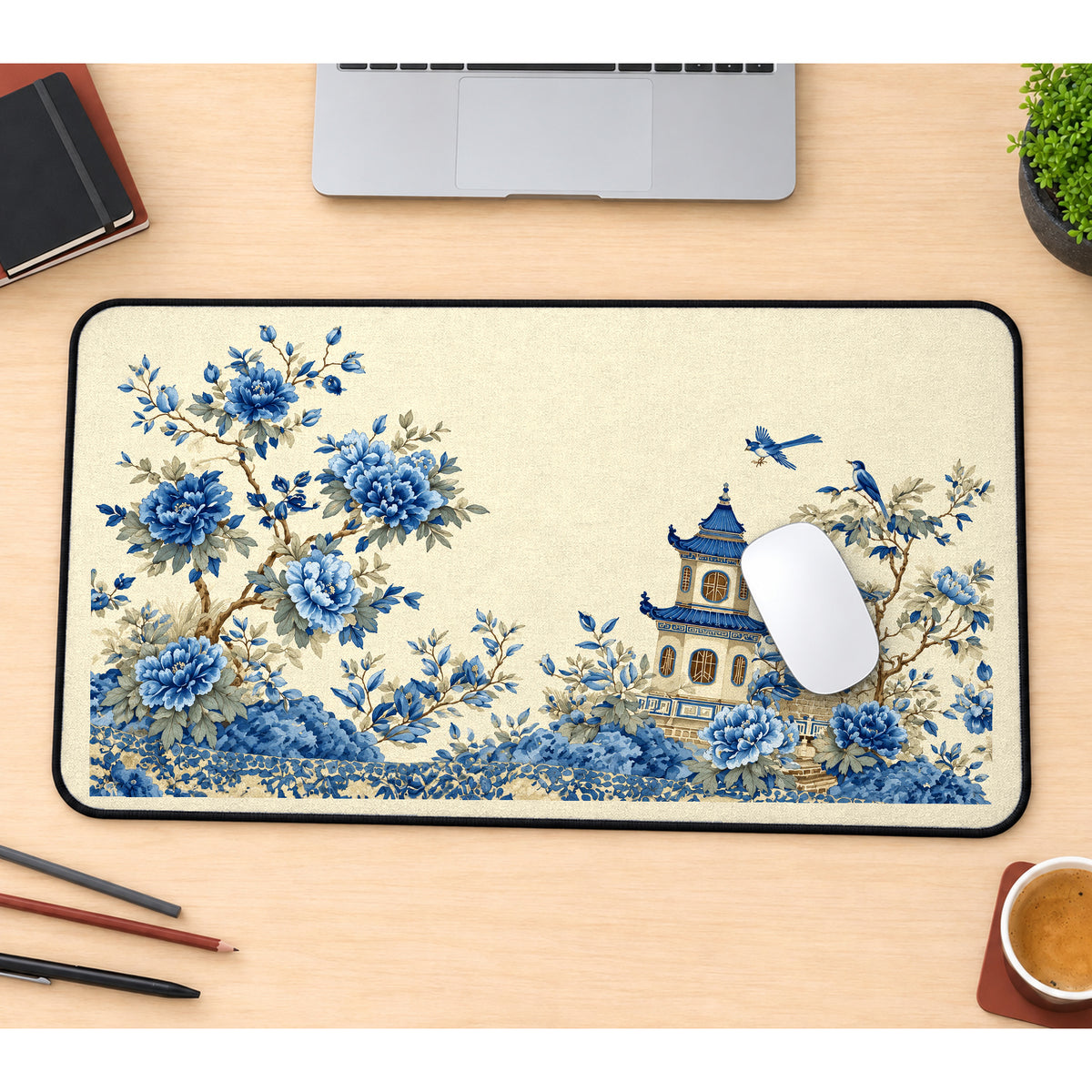 Blue Peony Pagoda Garden desk mat — product mockup 1