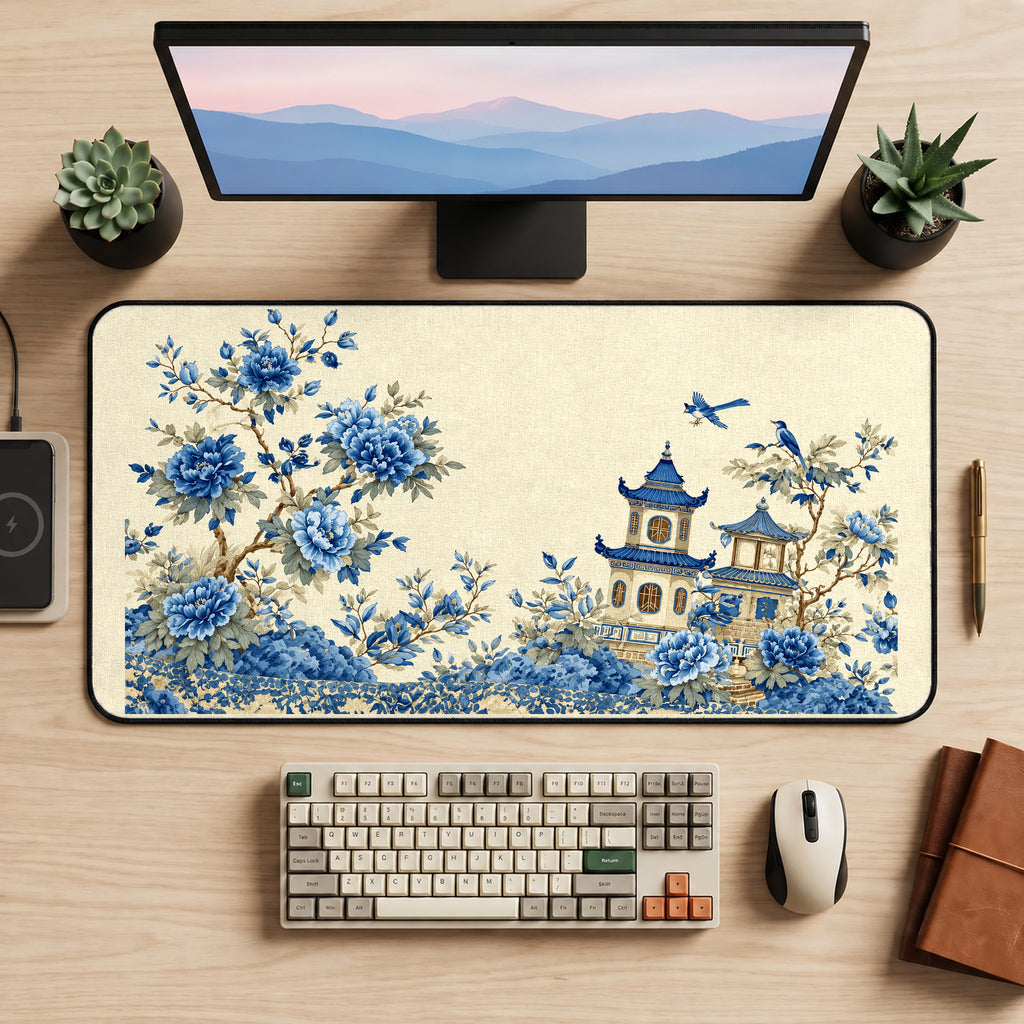 Blue Peony Pagoda Garden desk mat — product mockup 2