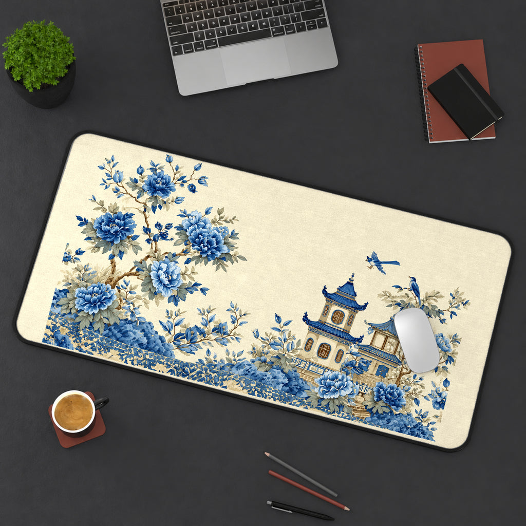 Blue Peony Pagoda Garden desk mat — product mockup 3