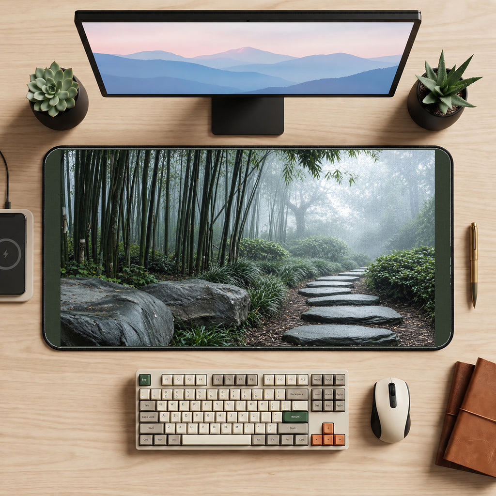 Misty Bamboo Stepping Stone Path desk mat — product mockup 2
