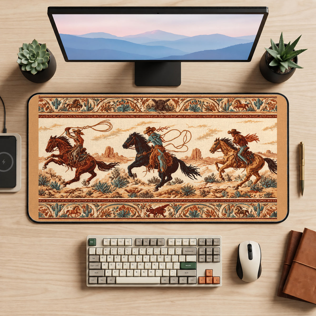 Western Riders and Desert Border desk mat — product mockup 2