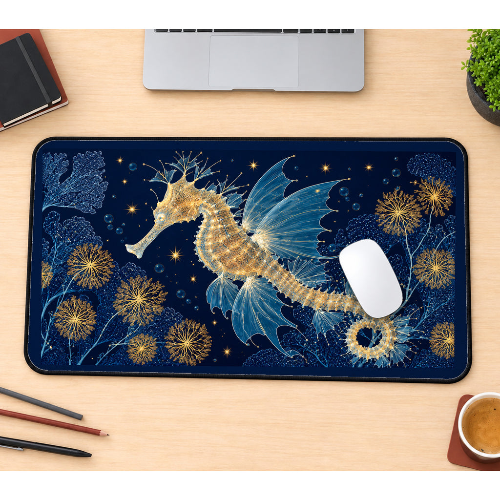 Celestial Seahorse on Navy desk mat — product mockup 1