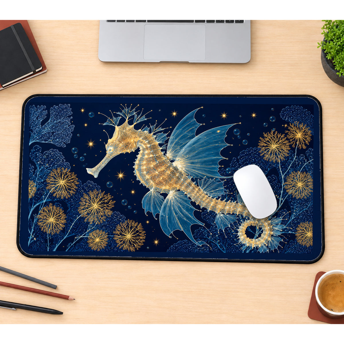 Celestial Seahorse on Navy desk mat — product mockup 1