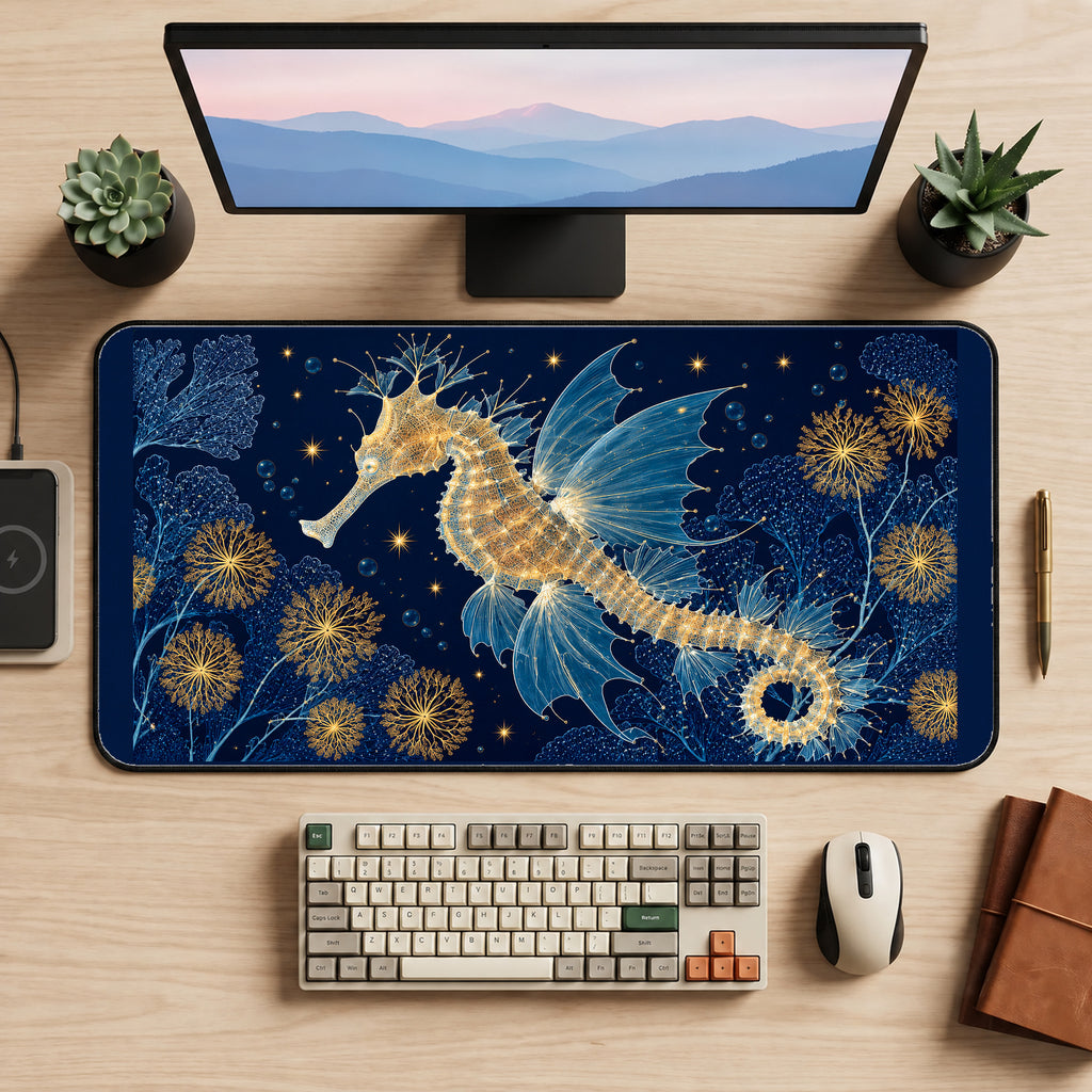 Celestial Seahorse on Navy desk mat — product mockup 2