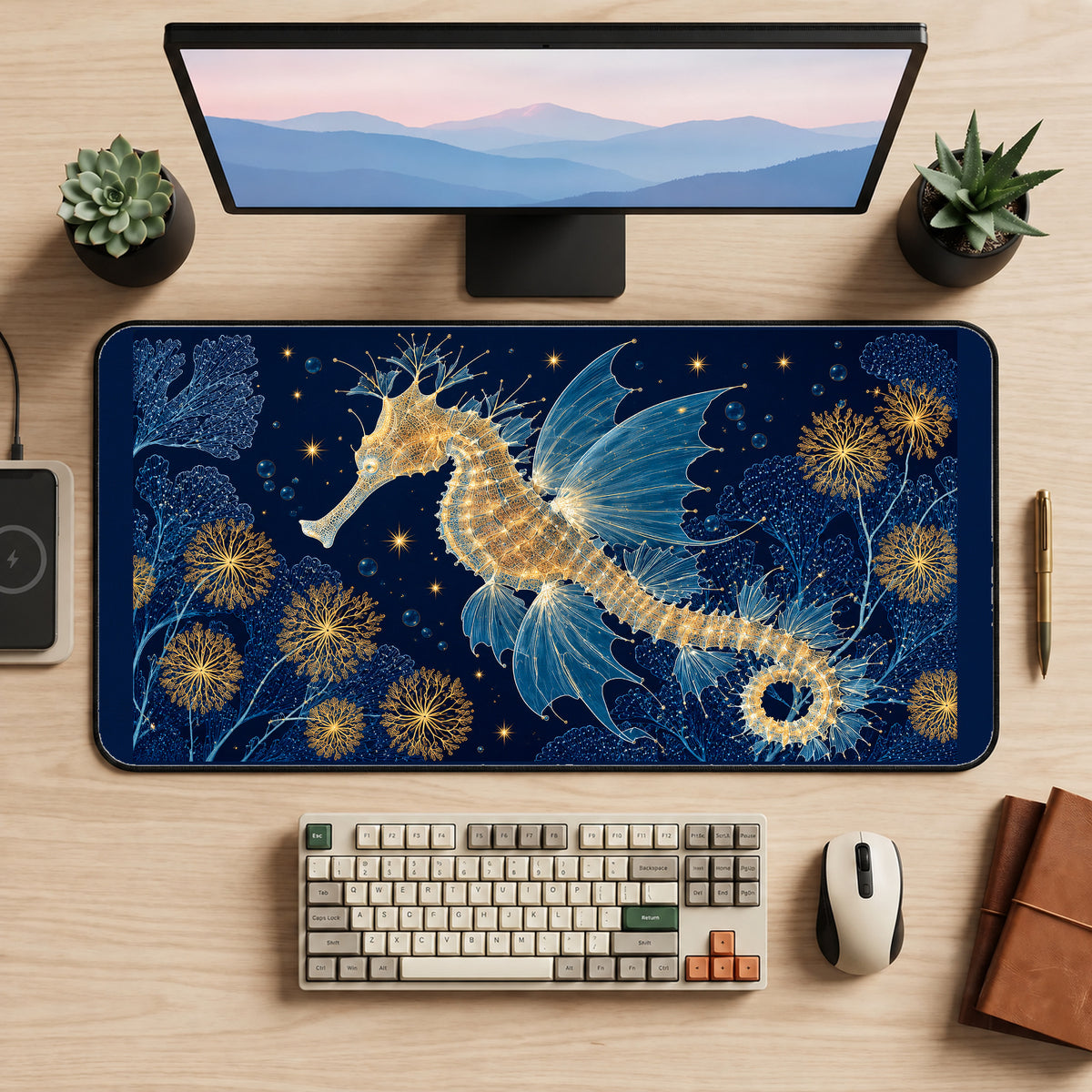 Celestial Seahorse on Navy desk mat — product mockup 2