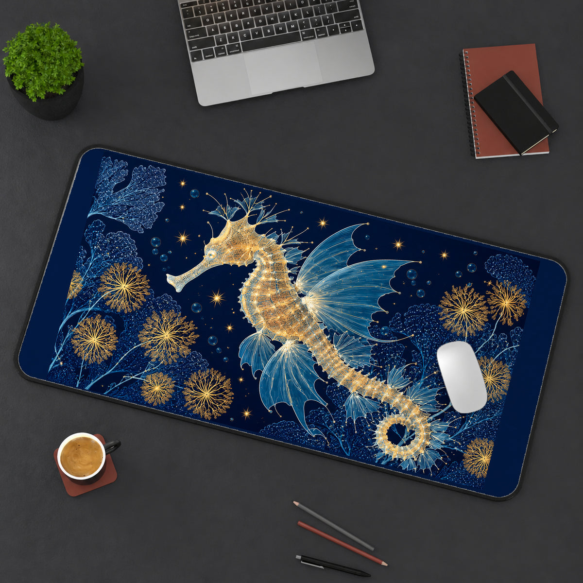 Celestial Seahorse on Navy desk mat — product mockup 3