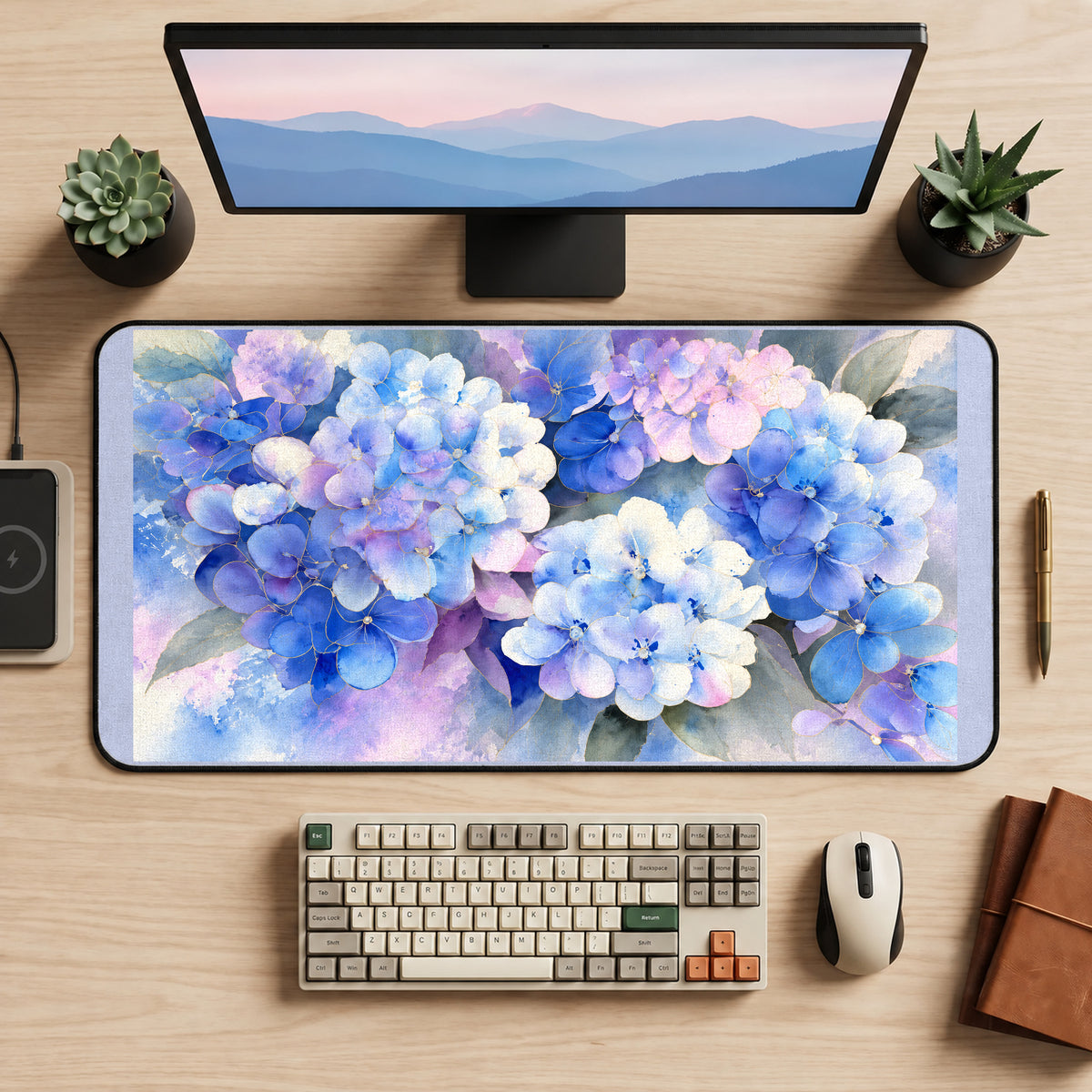 Blue and Lavender Hydrangea Blooms desk mat — product mockup 2