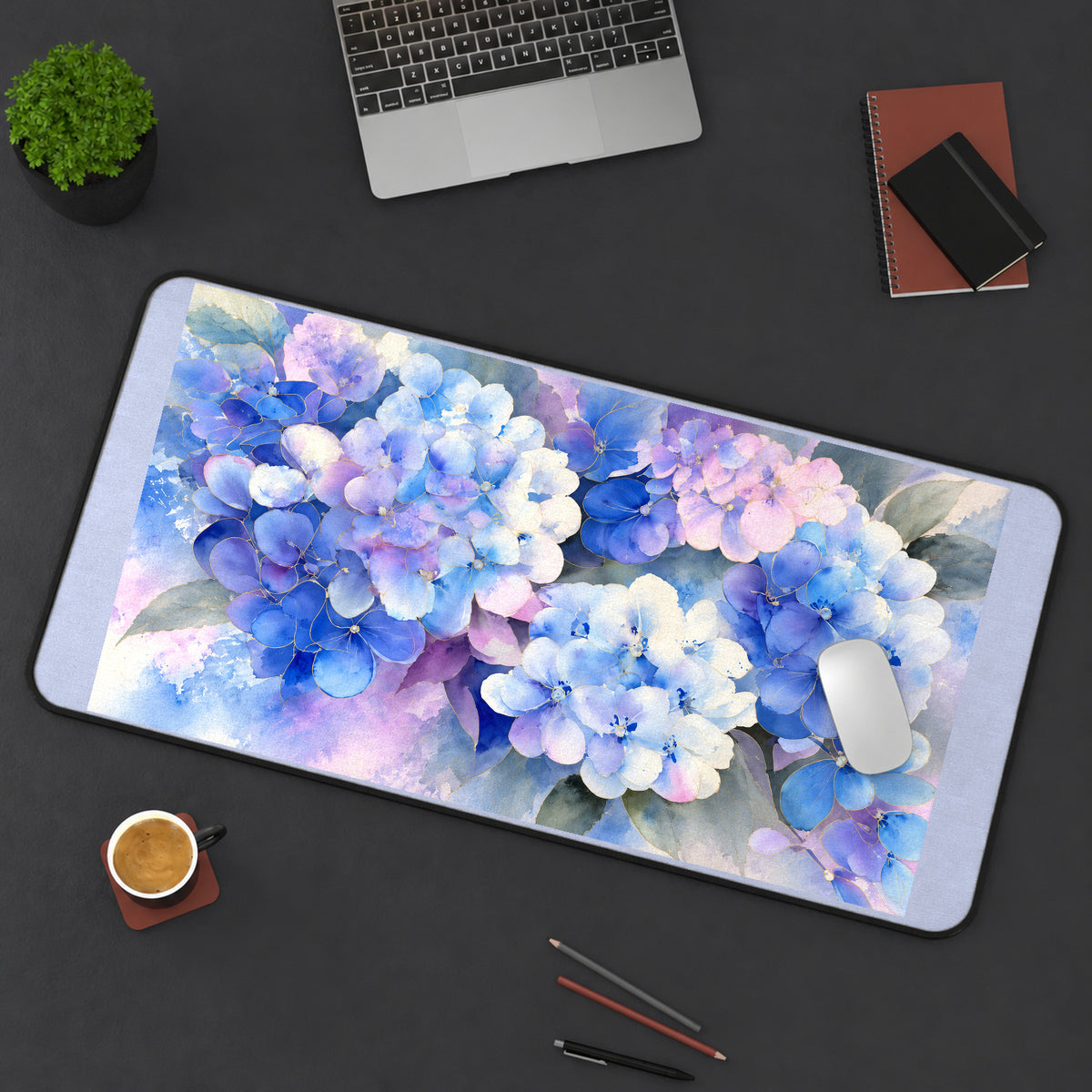 Blue and Lavender Hydrangea Blooms desk mat — product mockup 3