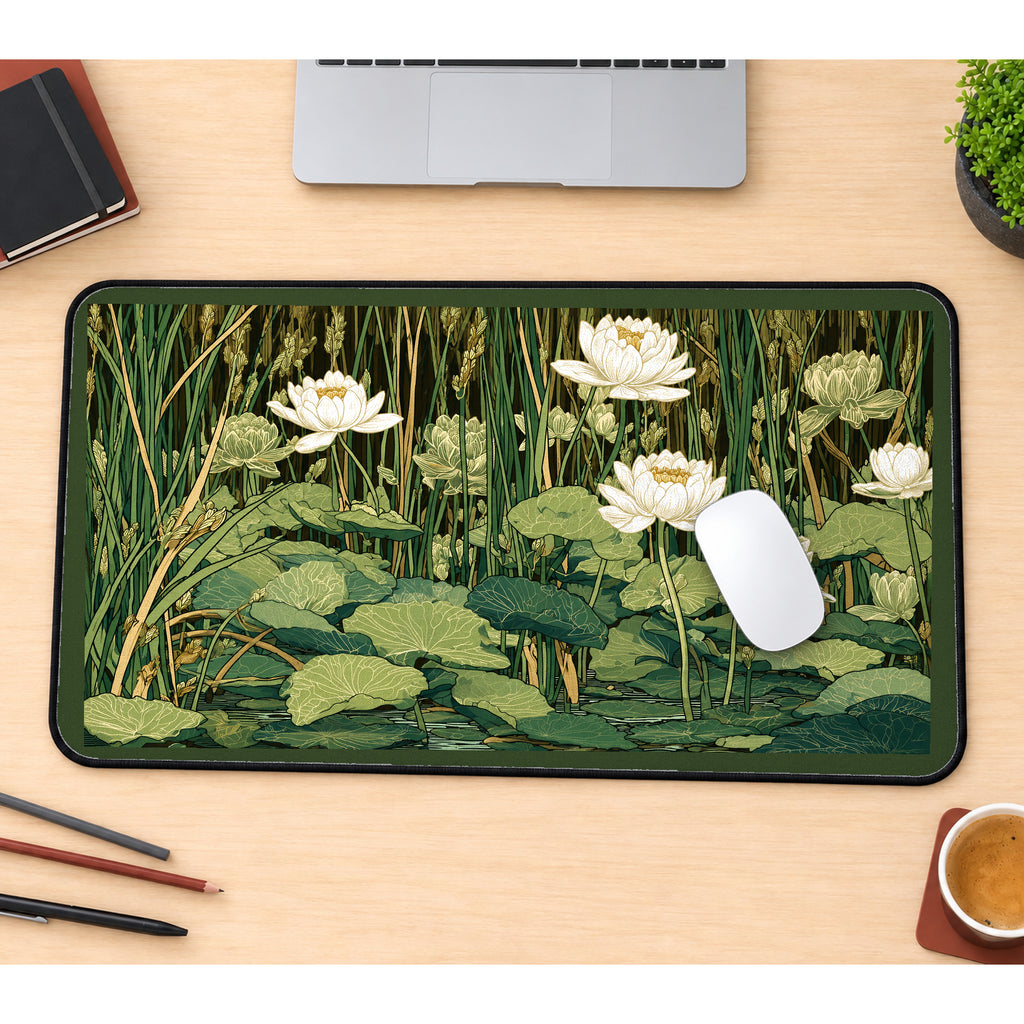 White Waterlilies and Reeds desk mat — product mockup 1