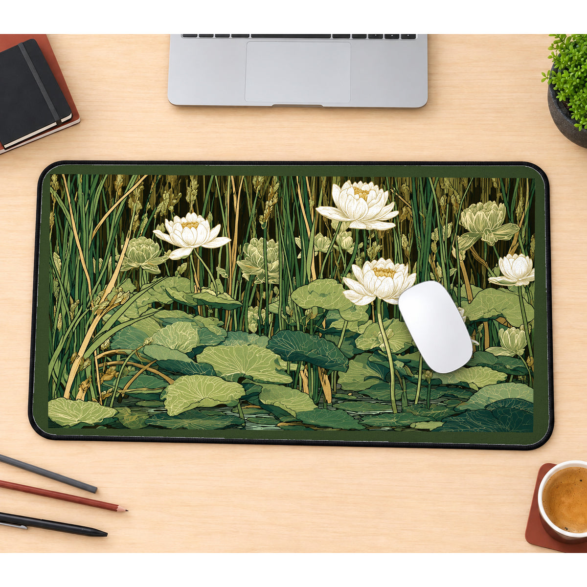 White Waterlilies and Reeds desk mat — product mockup 1