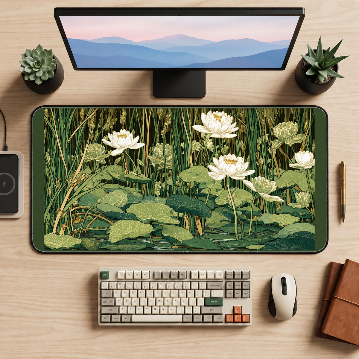 White Waterlilies and Reeds desk mat — product mockup 2