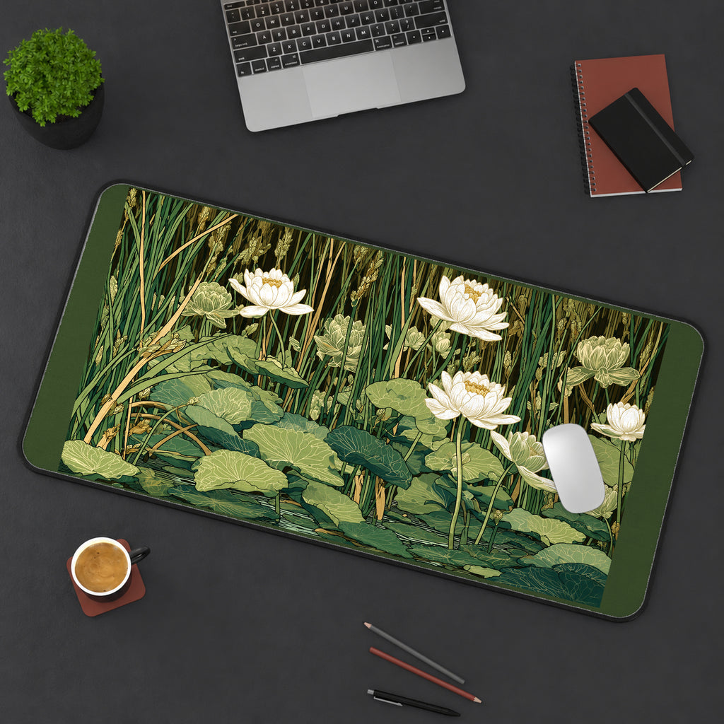 White Waterlilies and Reeds desk mat — product mockup 3
