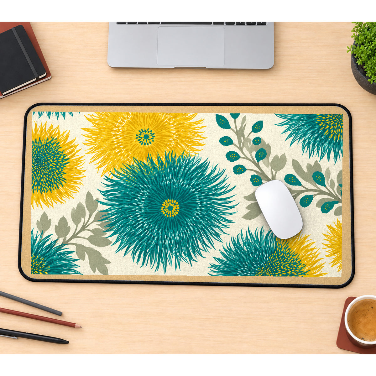 Teal and Mustard Radiant Flowers desk mat — product mockup 1