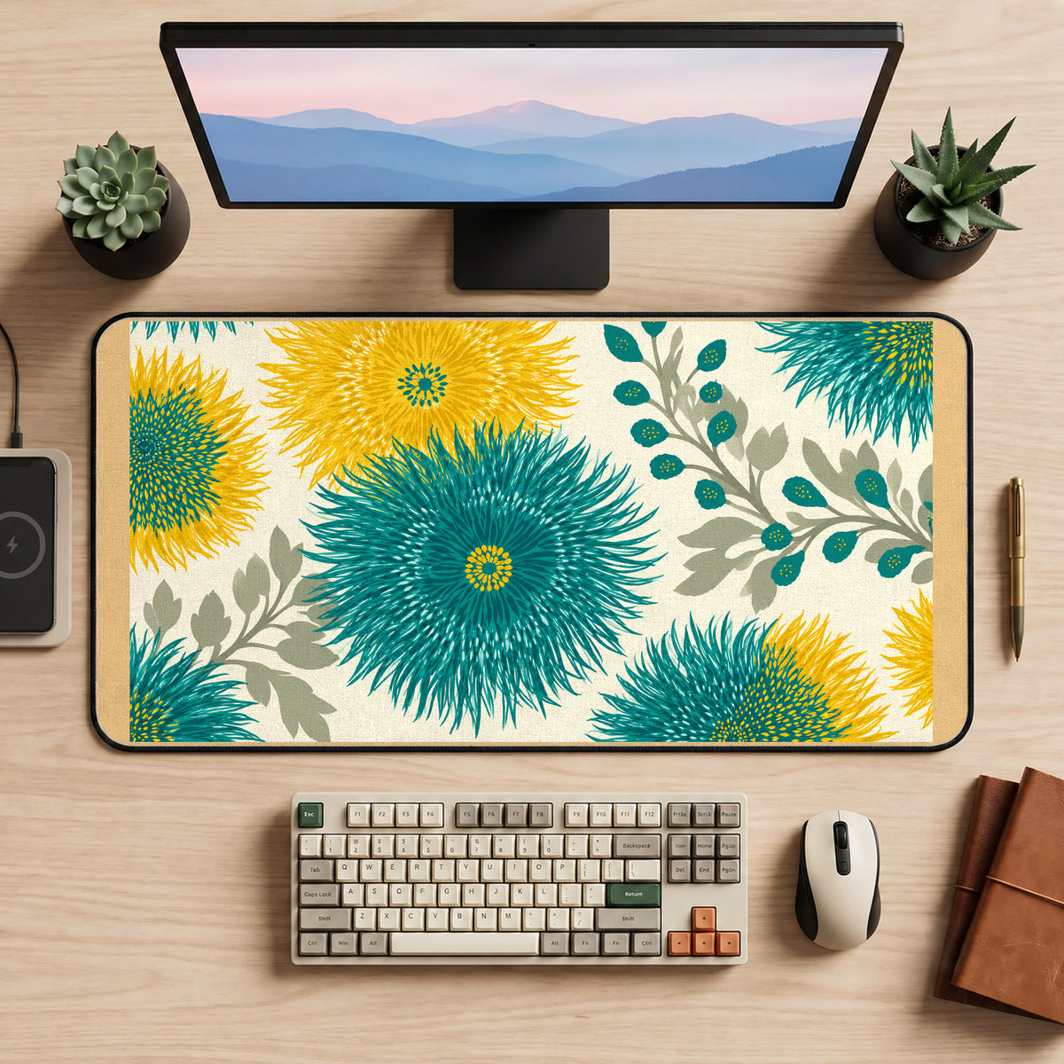Teal and Mustard Radiant Flowers desk mat — product mockup 2