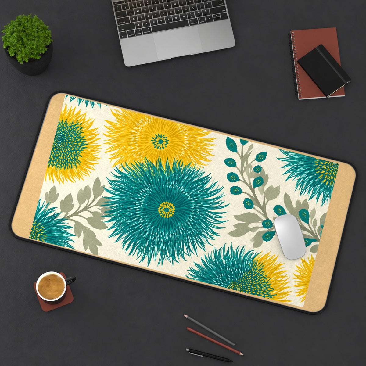 Teal and Mustard Radiant Flowers desk mat — product mockup 3