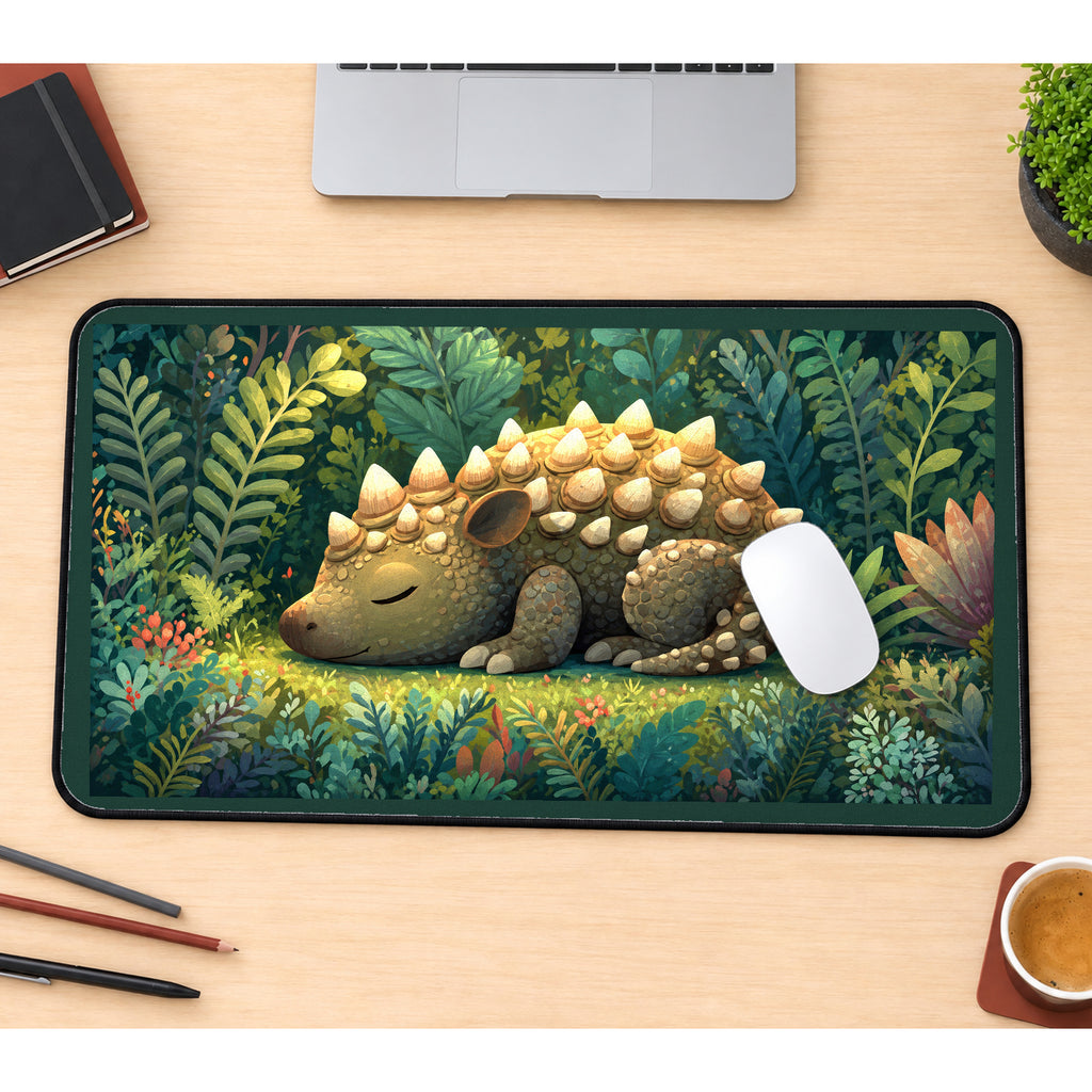 Sleeping Ankylosaurus in the Jungle desk mat — product mockup 1