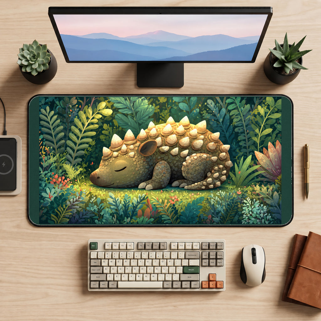Sleeping Ankylosaurus in the Jungle desk mat — product mockup 2