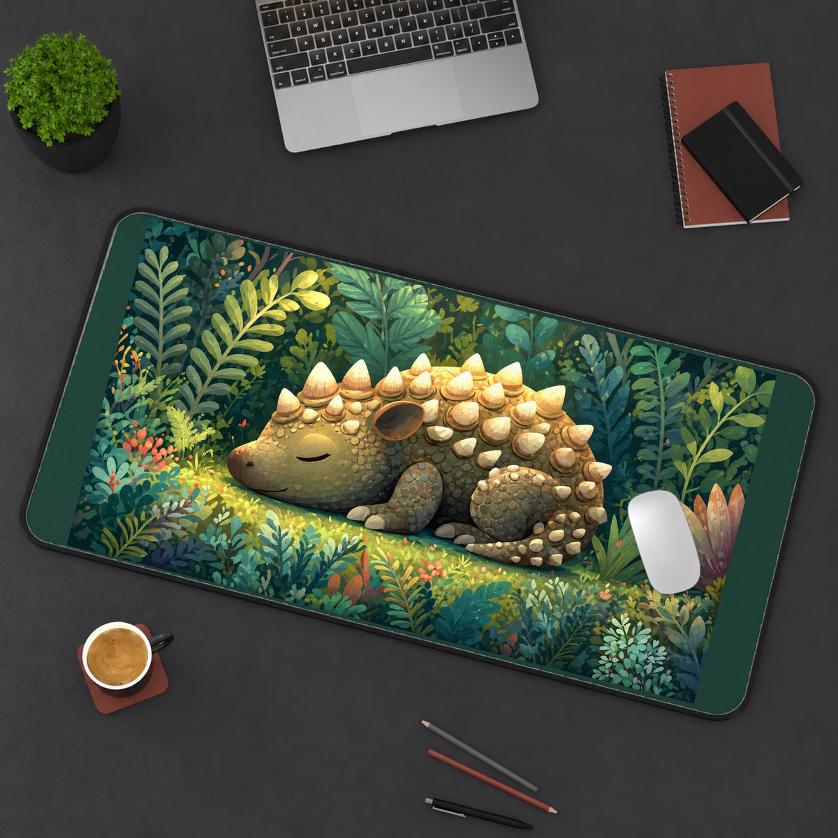 Sleeping Ankylosaurus in the Jungle desk mat — product mockup 3