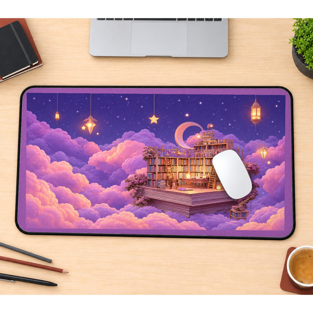 Floating Library in Pink Clouds desk mat — product mockup 1