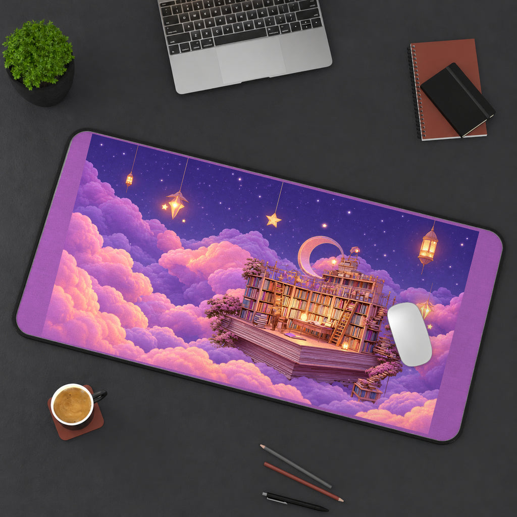 Floating Library in Pink Clouds desk mat — product mockup 3