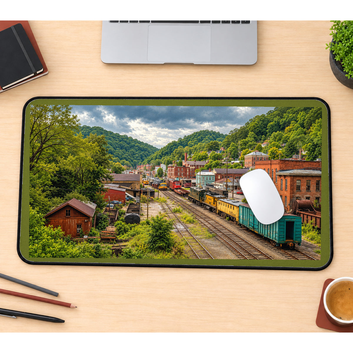 Vintage Railroad Town in Green Hills desk mat — product mockup 1