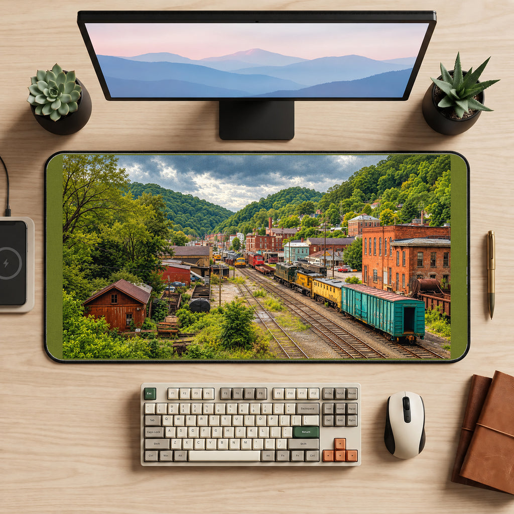 Vintage Railroad Town in Green Hills desk mat — product mockup 2