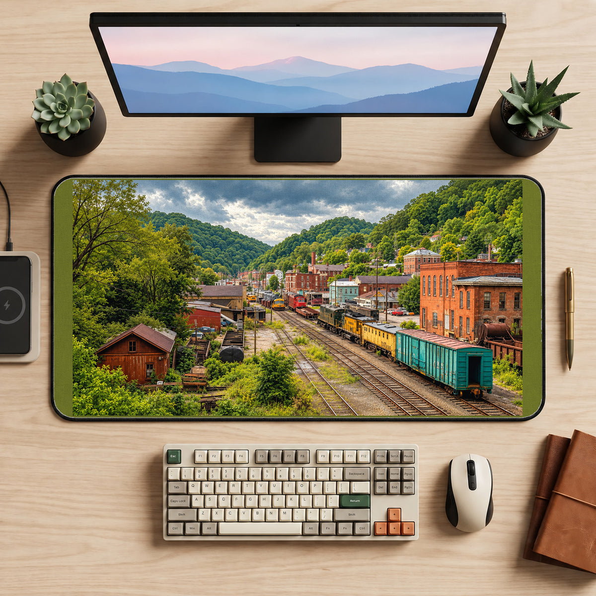 Vintage Railroad Town in Green Hills desk mat — product mockup 2