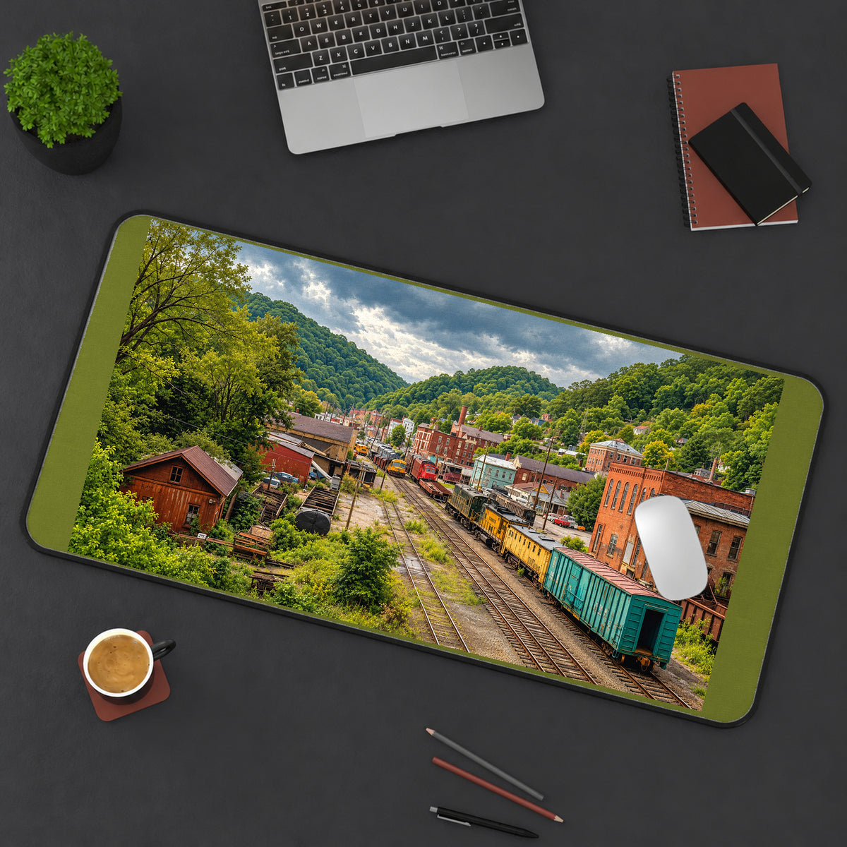 Vintage Railroad Town in Green Hills desk mat — product mockup 3