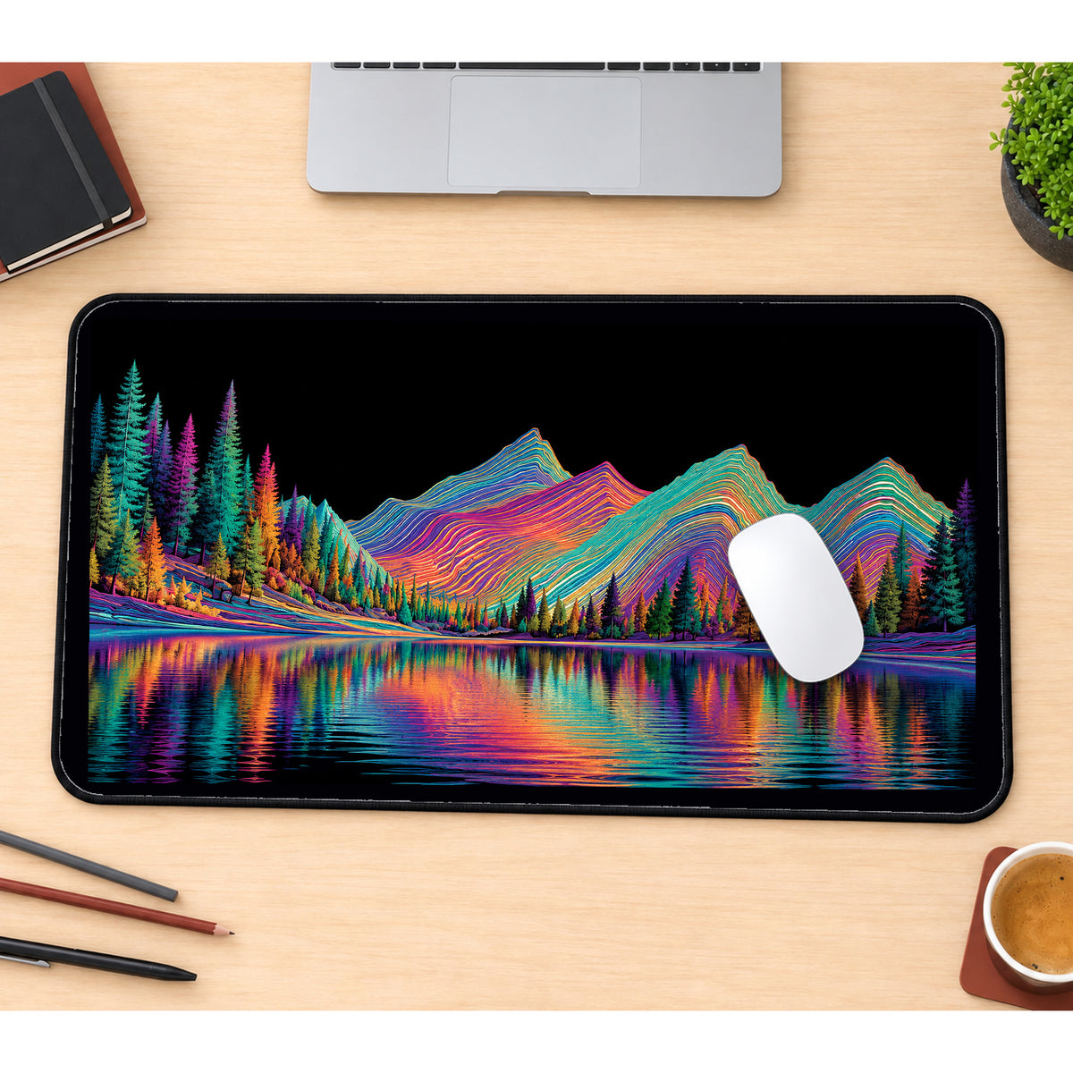 Rainbow Mountains Reflected in a Lake desk mat — product mockup 1