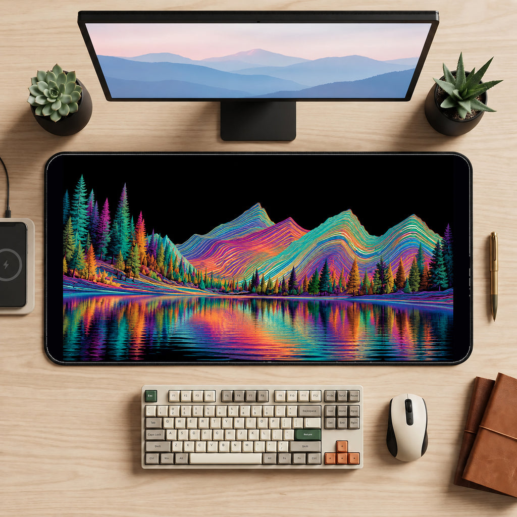 Rainbow Mountains Reflected in a Lake desk mat — product mockup 2