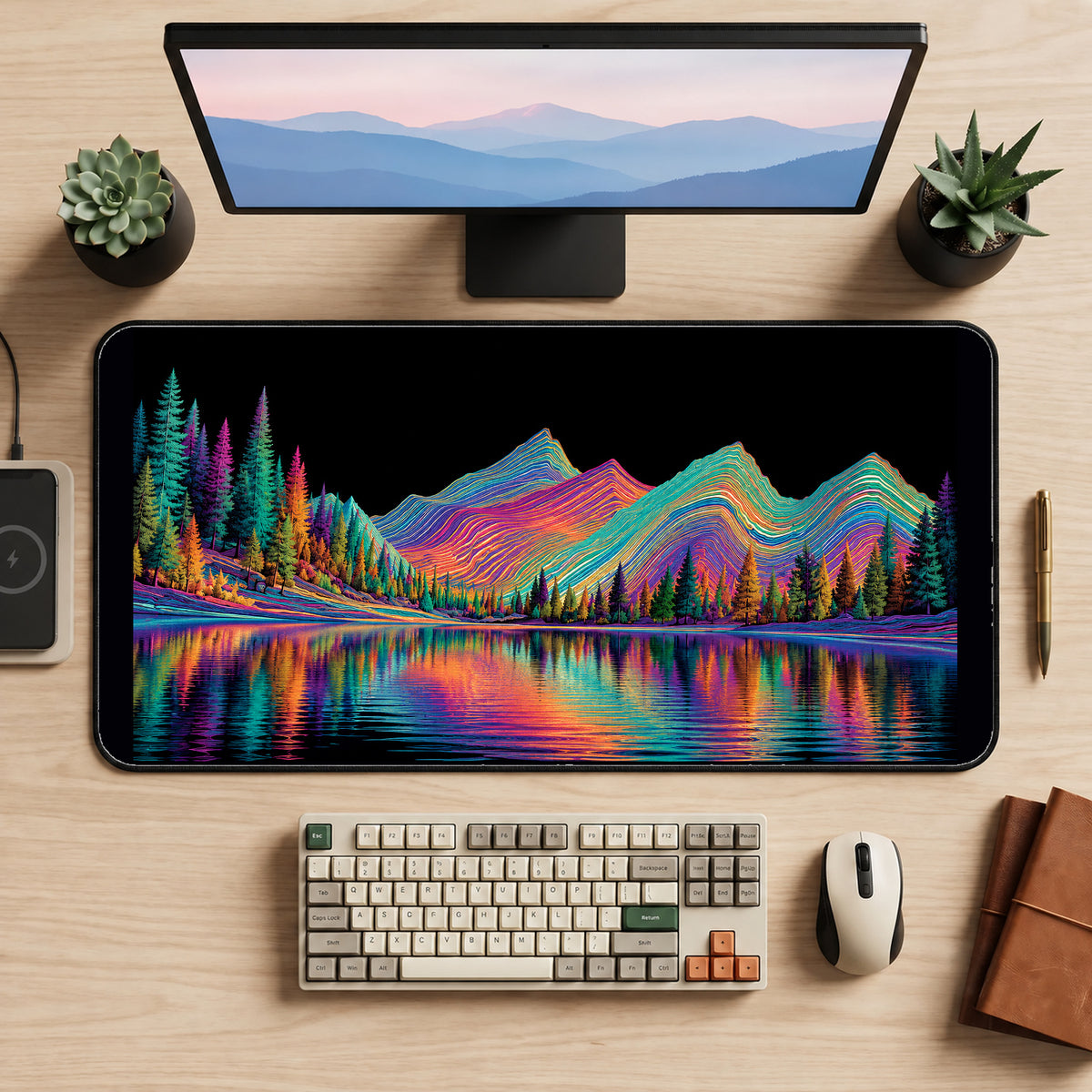 Rainbow Mountains Reflected in a Lake desk mat — product mockup 2