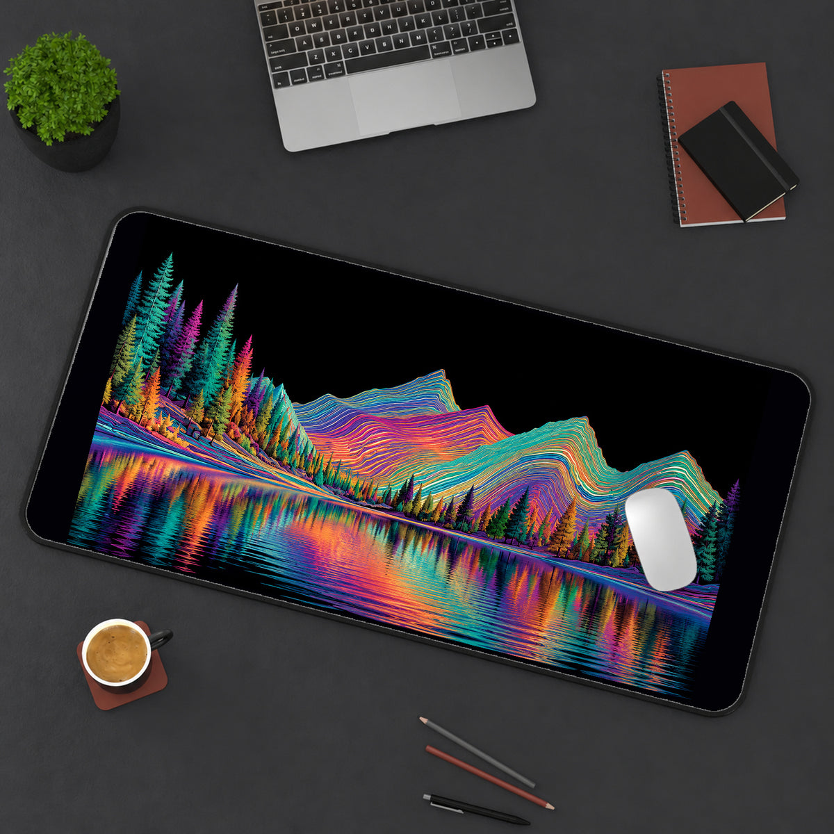 Rainbow Mountains Reflected in a Lake desk mat — product mockup 3