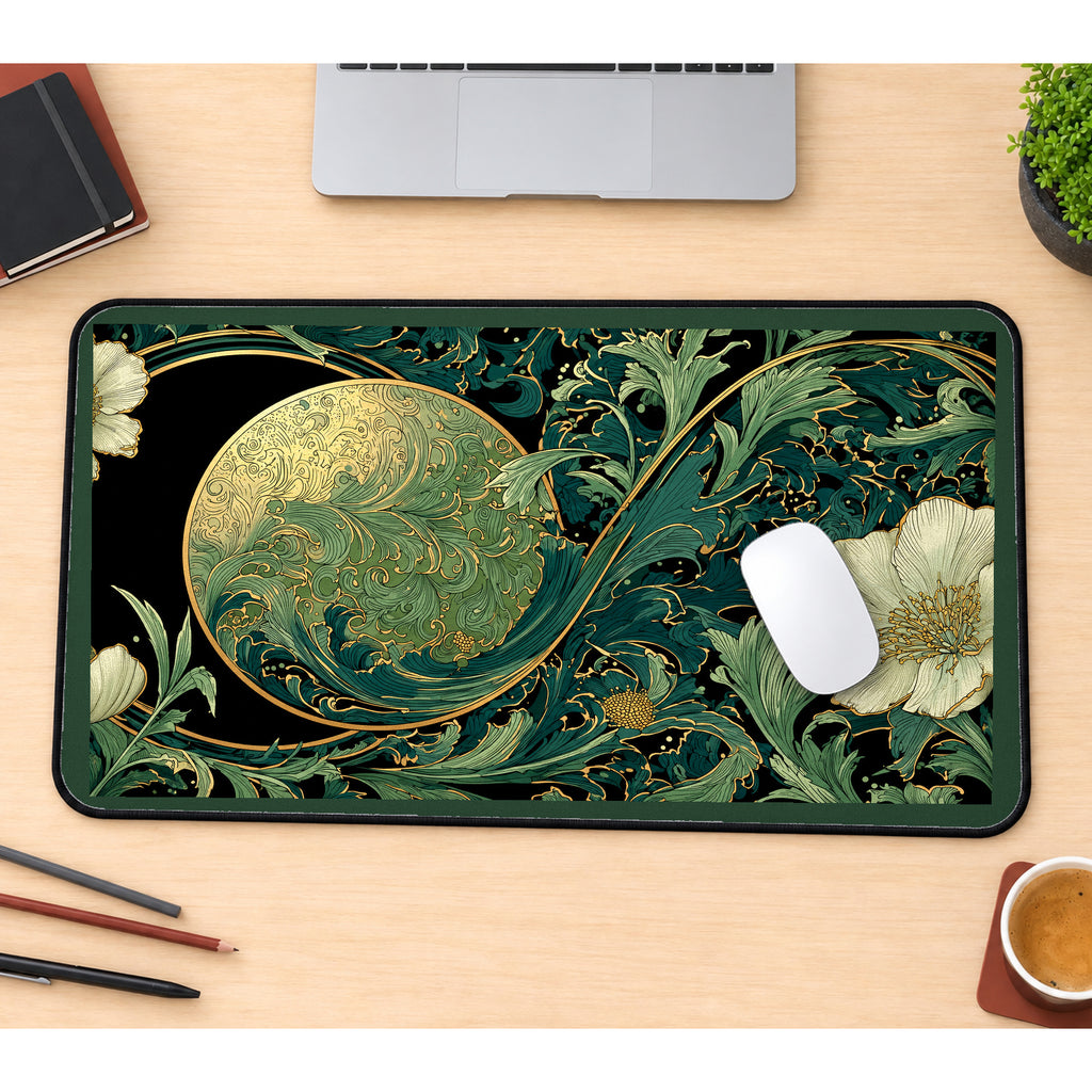 Emerald Moon and Art Nouveau Flowers desk mat — product mockup 1