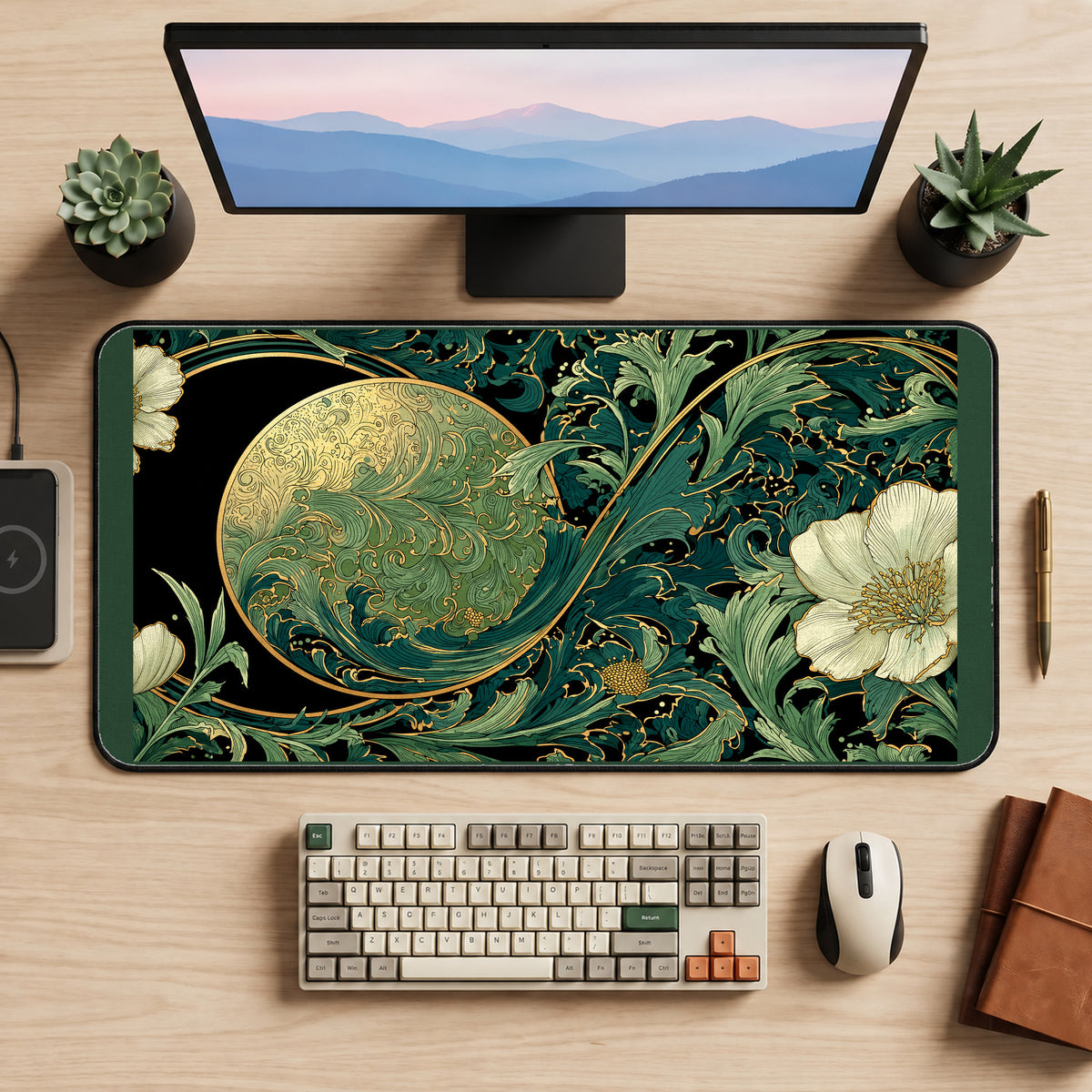 Emerald Moon and Art Nouveau Flowers desk mat — product mockup 2