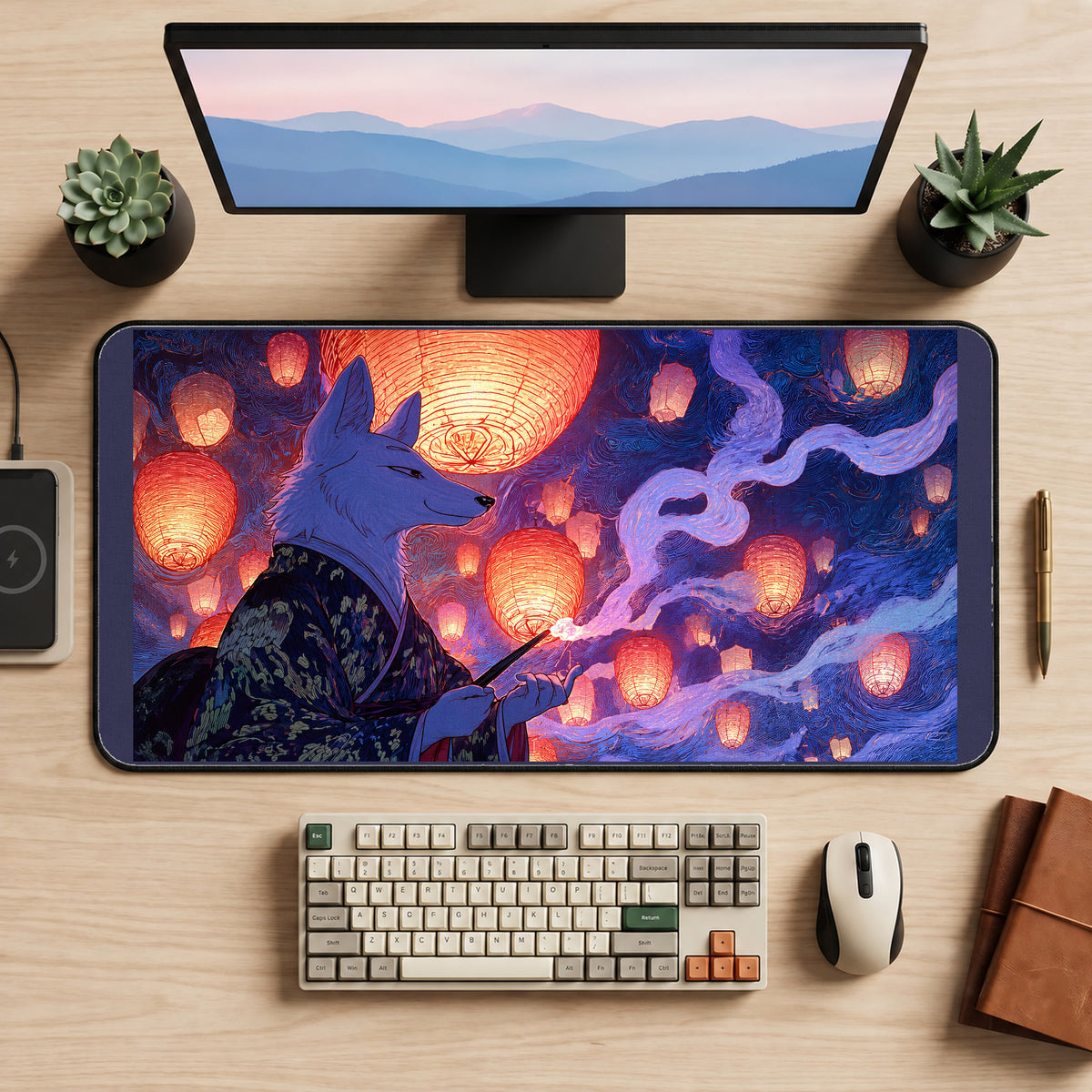 Fox Spirit at a Lantern Festival desk mat — product mockup 2