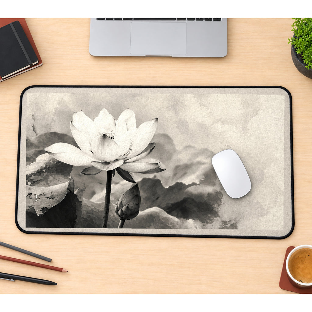 White Lotus in Monochrome Wash desk mat — product mockup 1