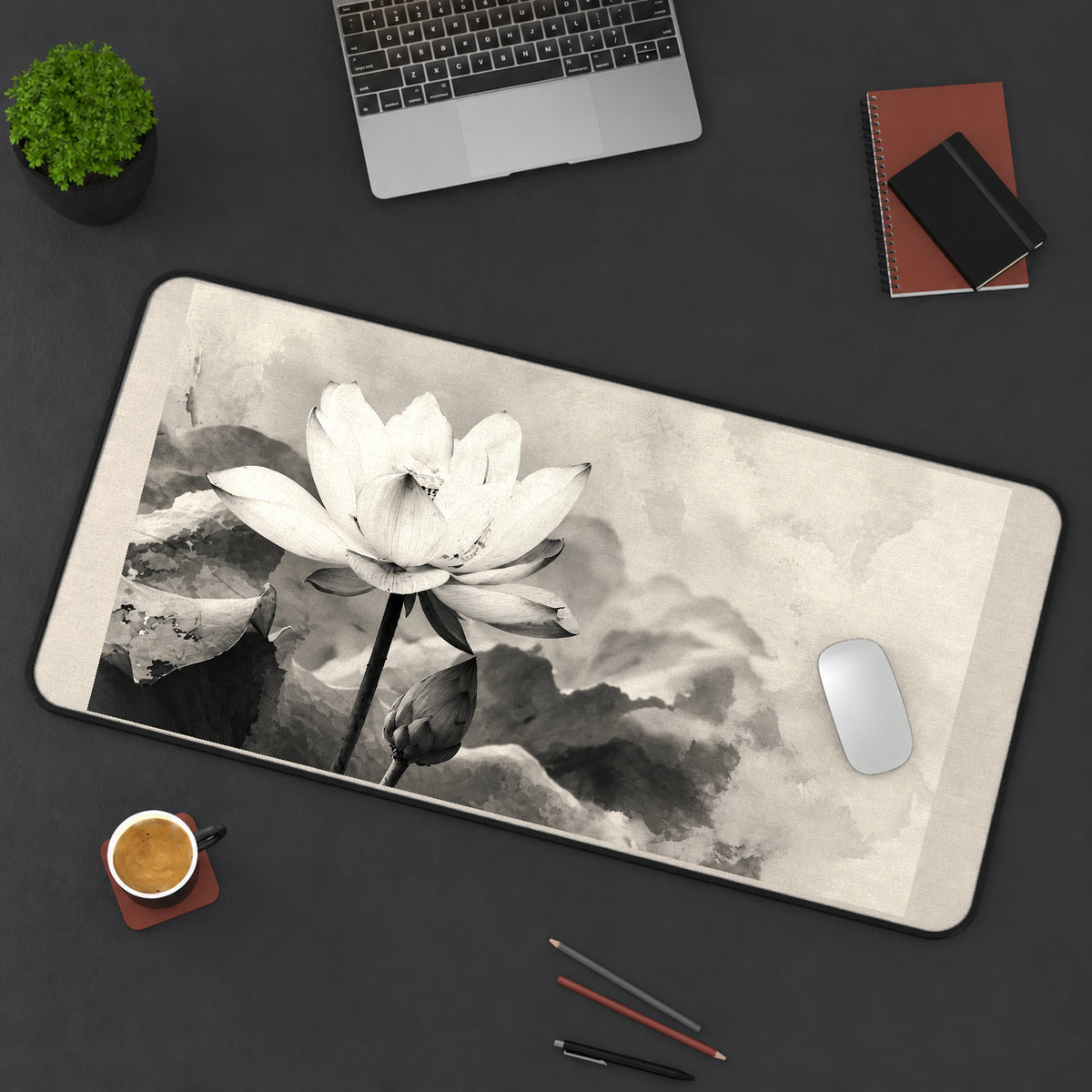 White Lotus in Monochrome Wash desk mat — product mockup 3