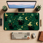 Tiny Witch Cats on Emerald desk mat — product mockup 2