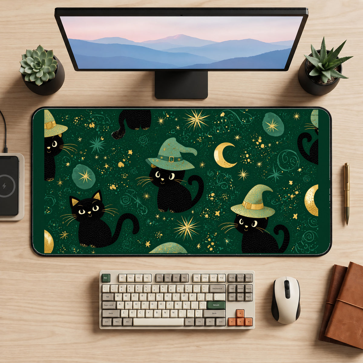 Tiny Witch Cats on Emerald desk mat — product mockup 2