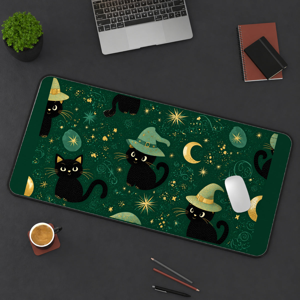 Tiny Witch Cats on Emerald desk mat — product mockup 3
