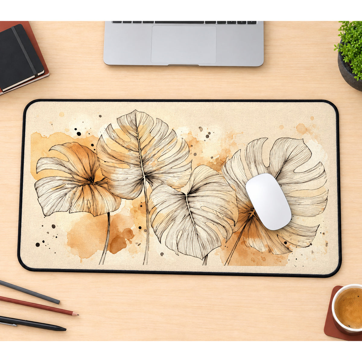 Beige Monstera Watercolor Leaves desk mat — product mockup 1
