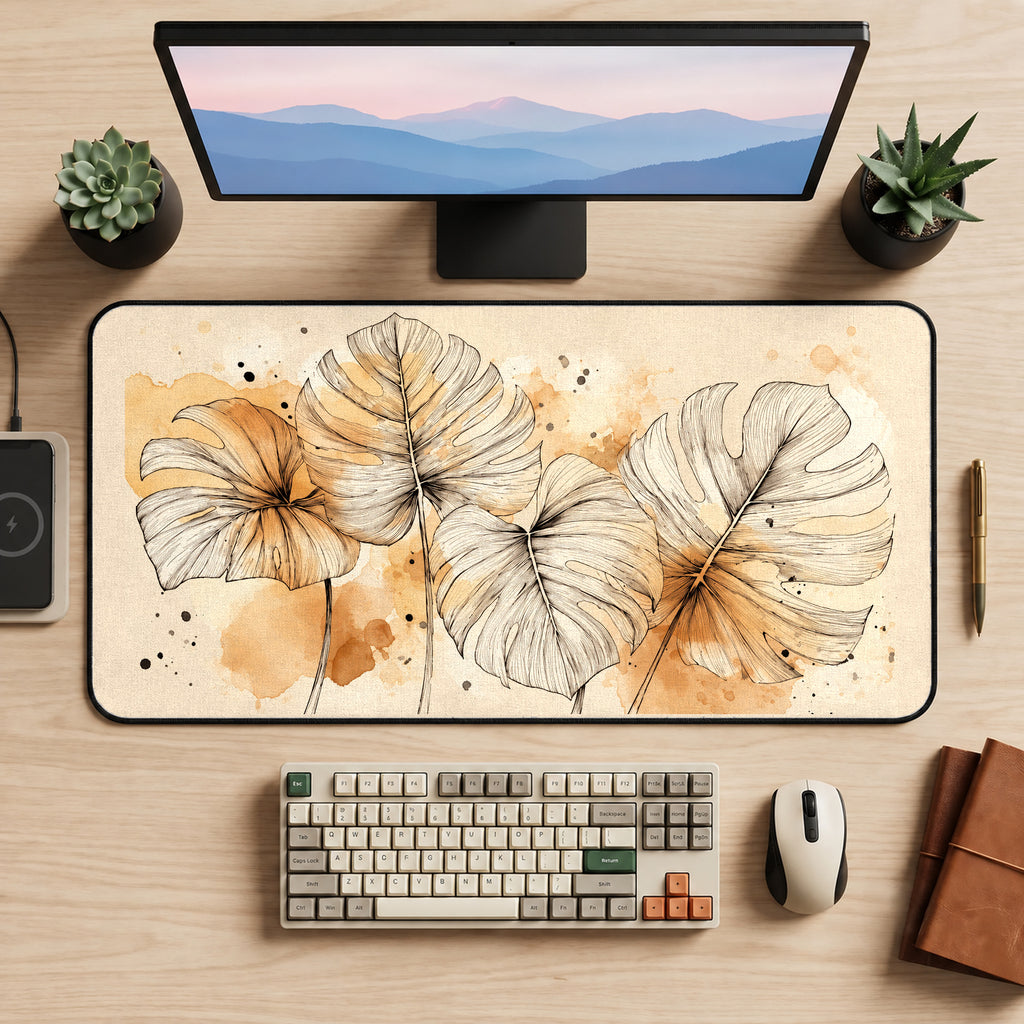 Beige Monstera Watercolor Leaves desk mat — product mockup 2