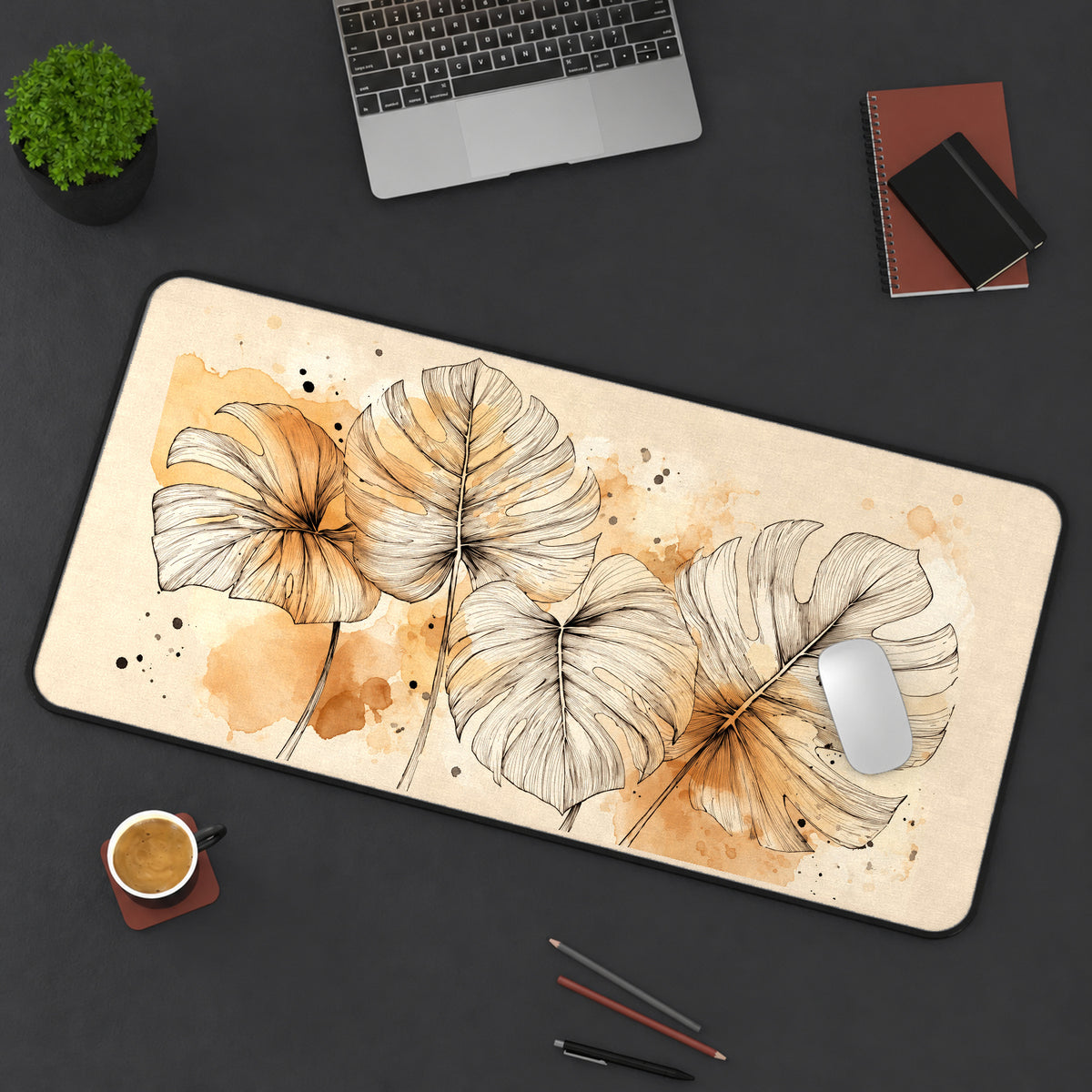 Beige Monstera Watercolor Leaves desk mat — product mockup 3