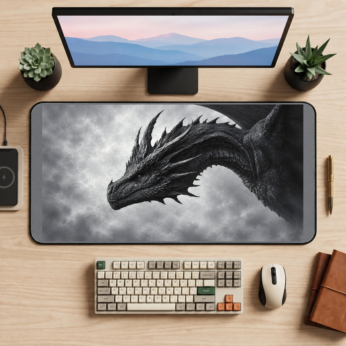 Black Dragon in Gray Mist desk mat — product mockup 2