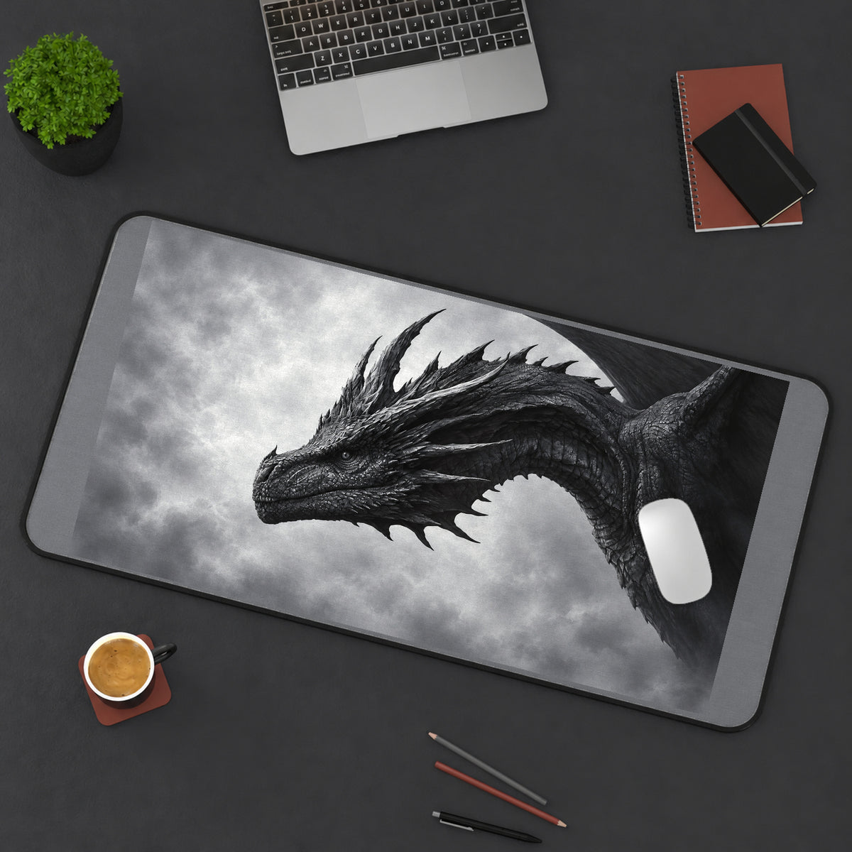 Black Dragon in Gray Mist desk mat — product mockup 3