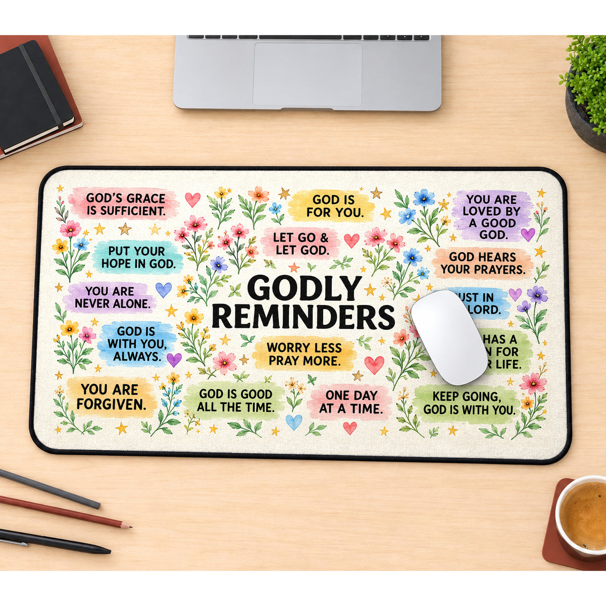 Floral Godly Reminders Collage desk mat — product mockup 1